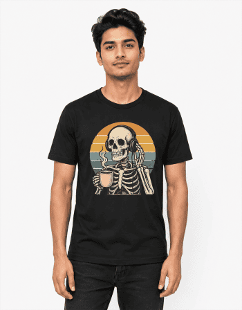 Skeleton Coffee & Music Graphic T-Shirt for Men – Black