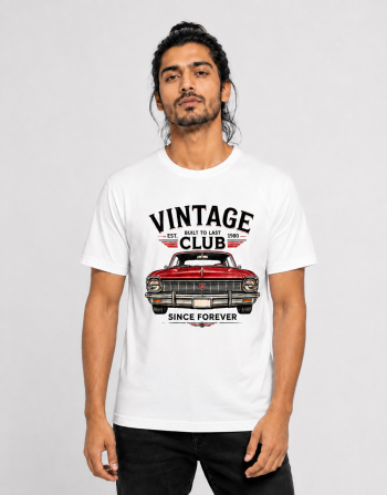 Vintage Club Red Classic Car Graphic T-Shirt for Men – White